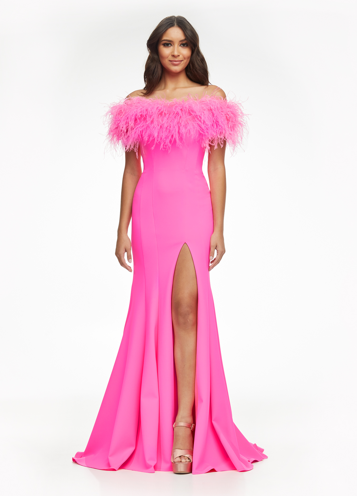 Feather Off the Shoulder Scuba Gown ...